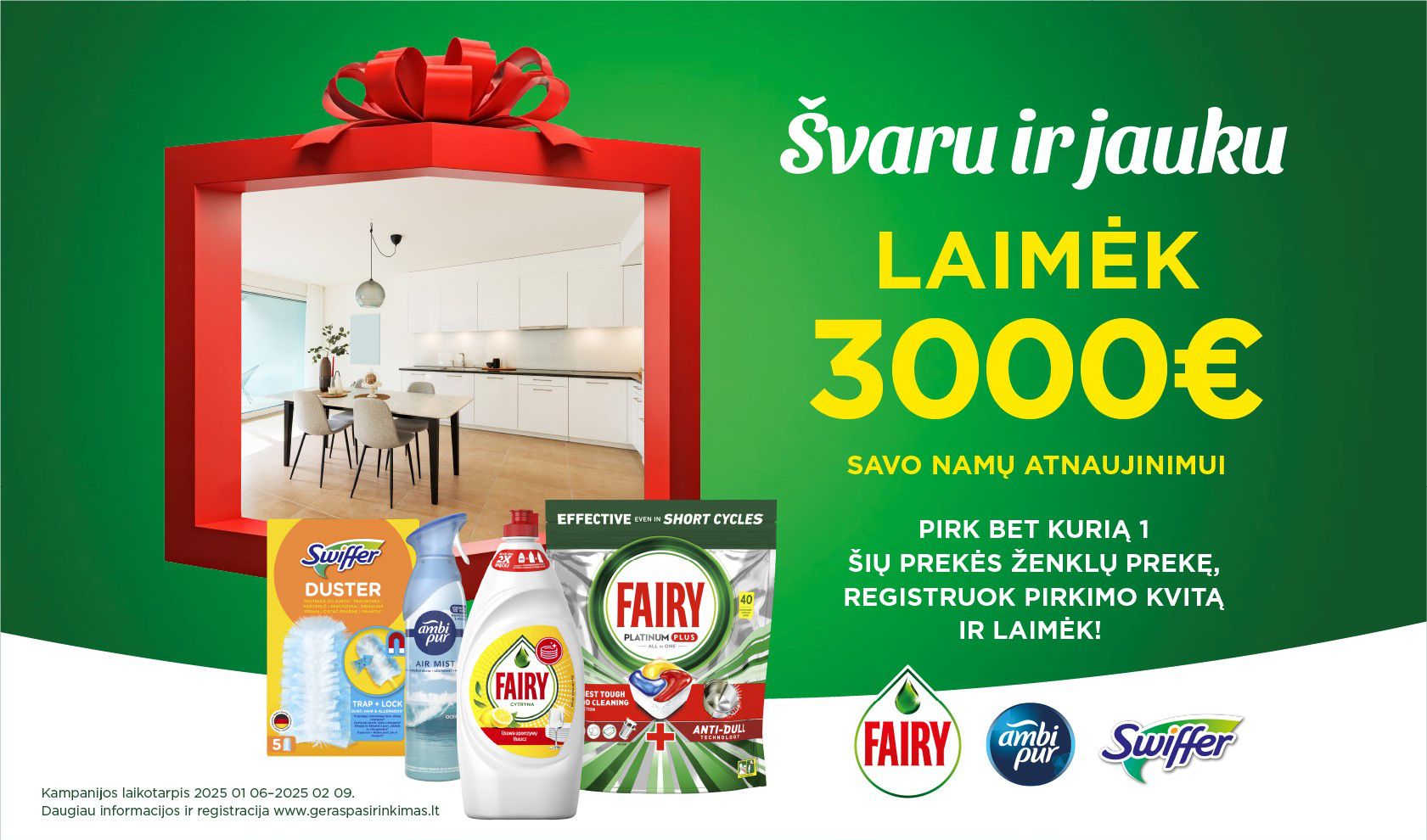 Pirk FAIRY, AMBI PUR ar SWIFFER ir laimėk 3 000 Eur!